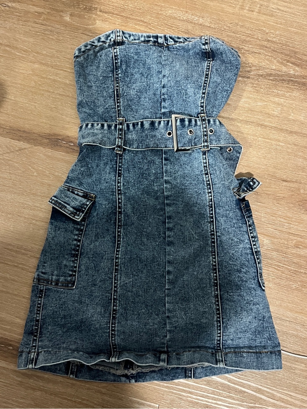 SHEIN Acid Wash Denim Strapless Belted Dress - Blue